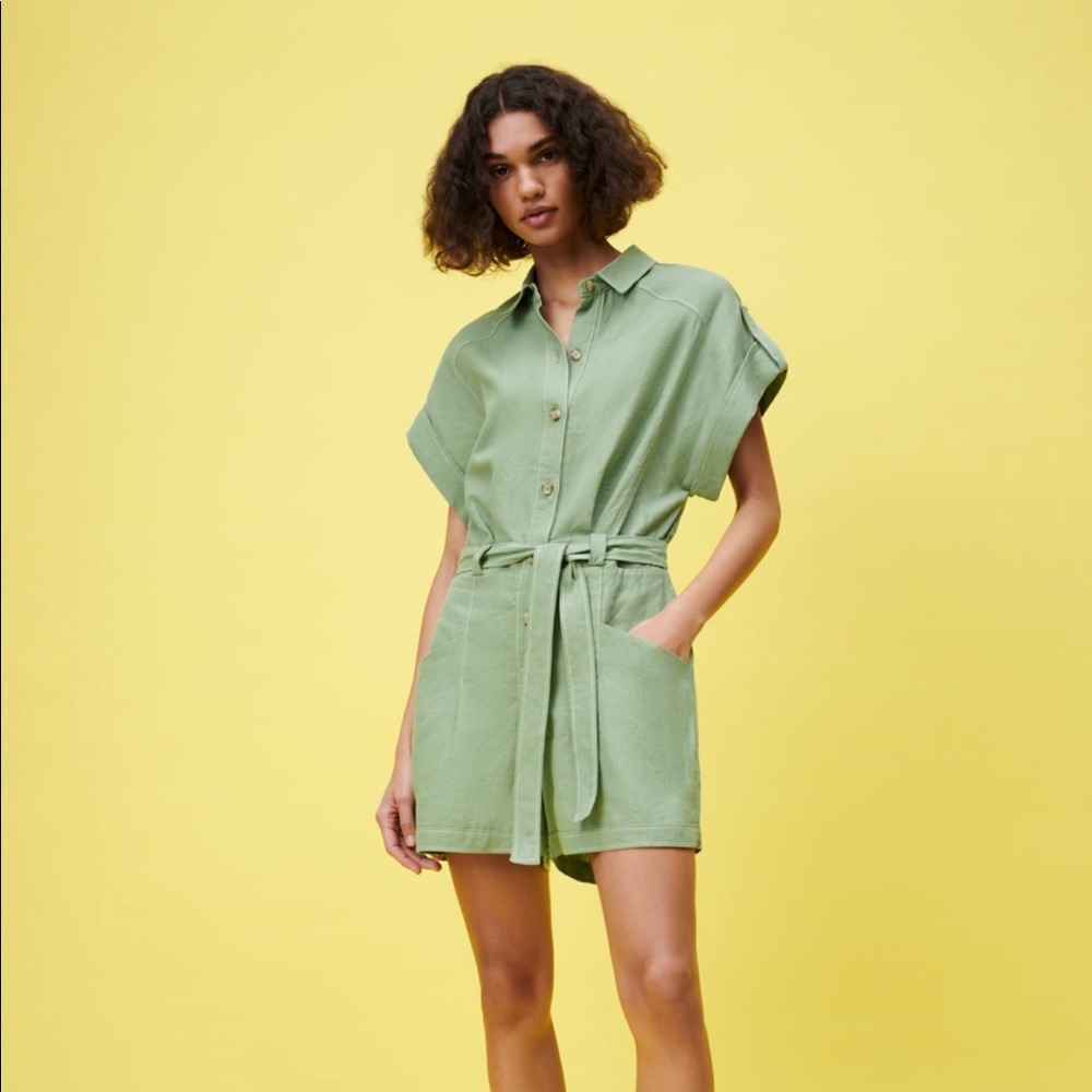ZARA NWT GREEN TOPSTITCHED JUMPSUIT